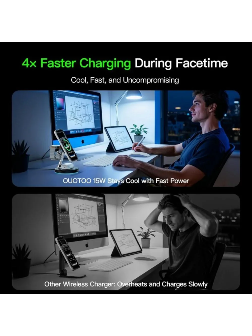 3-in-1 Wireless Charger Station with Adjustable Blue Ambient Light, Fast